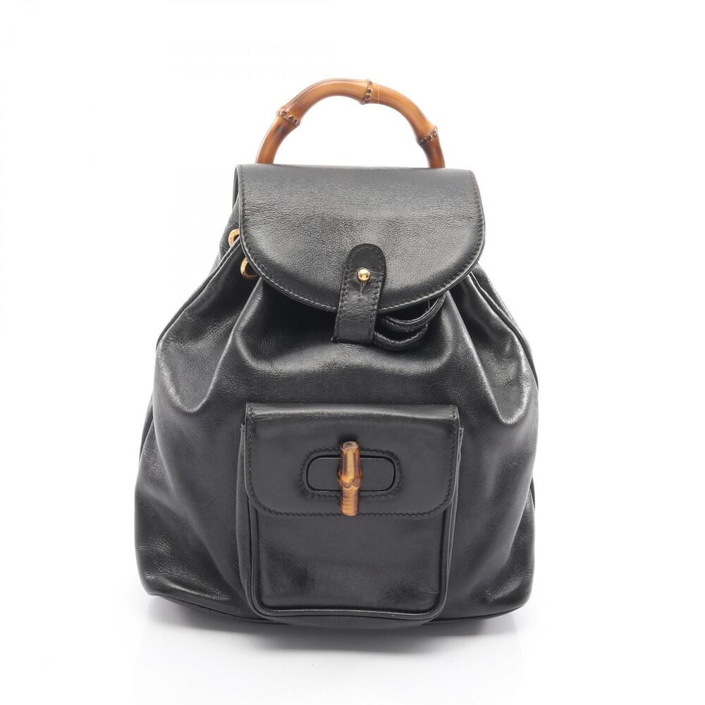 Gucci Bamboo Drawstring Backpack Rucksack Leather Black
